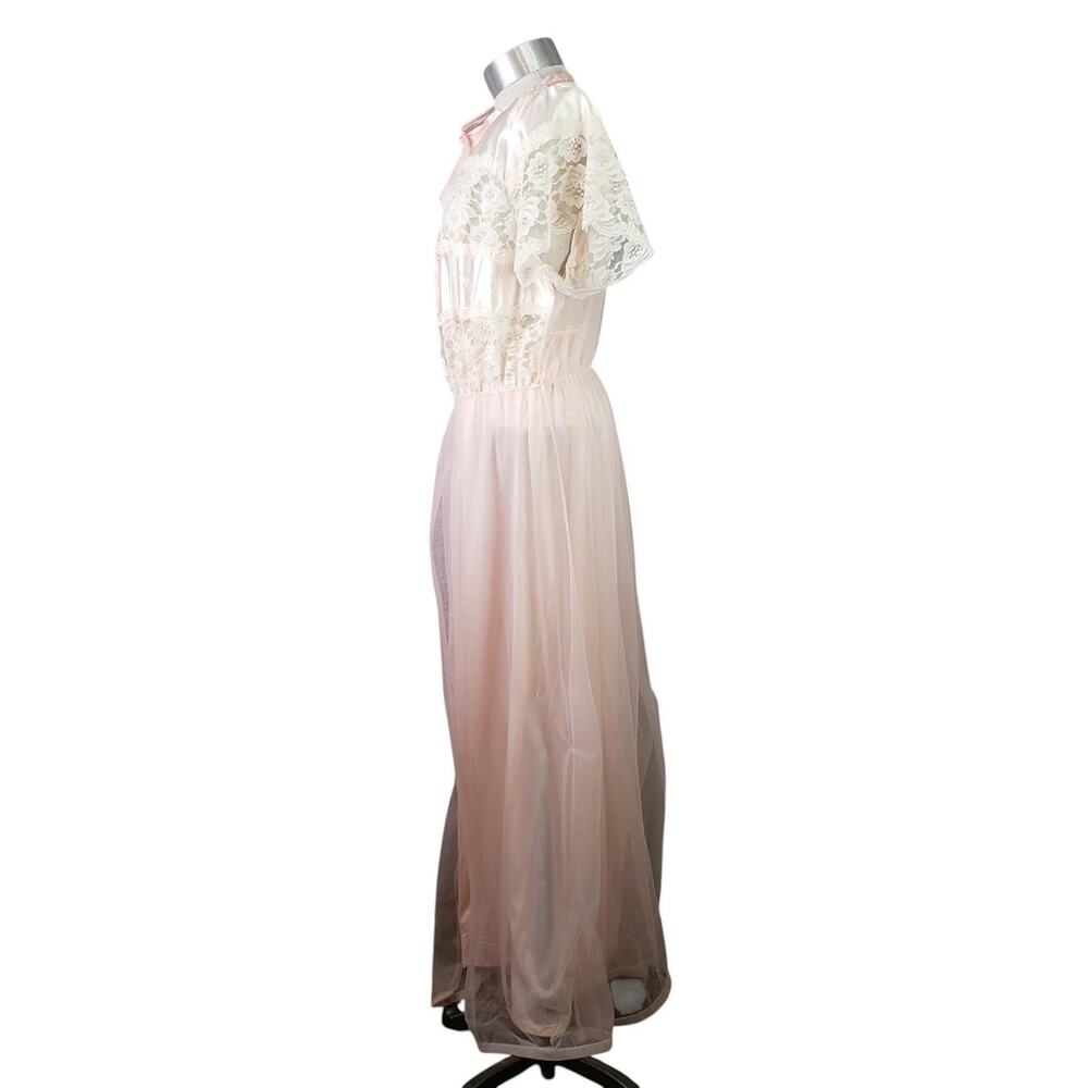 Vintage Long Lace Nightgown Sheer Robe Pink Ribbon Womens Size Large Peignor - Picture 5 of 13